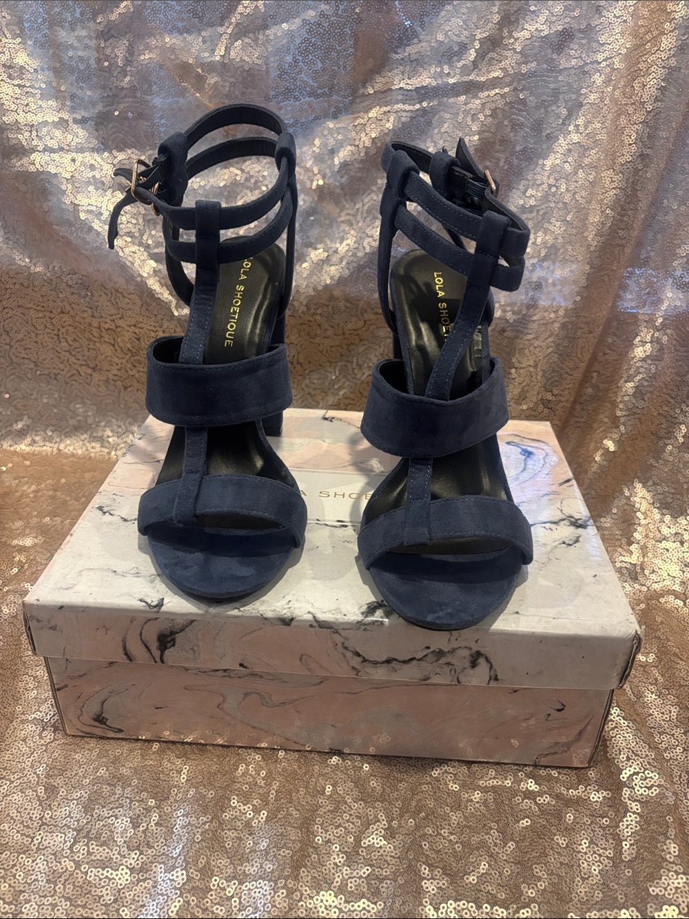 Lola Shoetique Navy Suede Multi-Strap Heeled Sandals